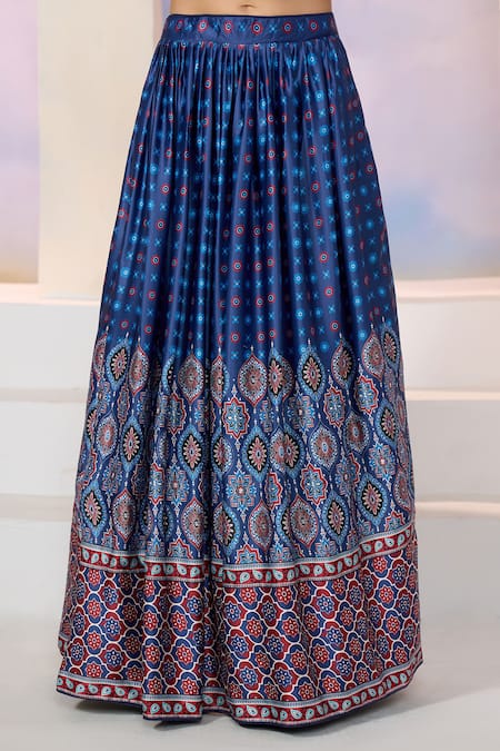 Naintara Bajaj_Blue Dupatta Georgette, Blouse And Lehenga Dull Satin Floral, Mughal Print Set_Online_at_Aza_Fashions