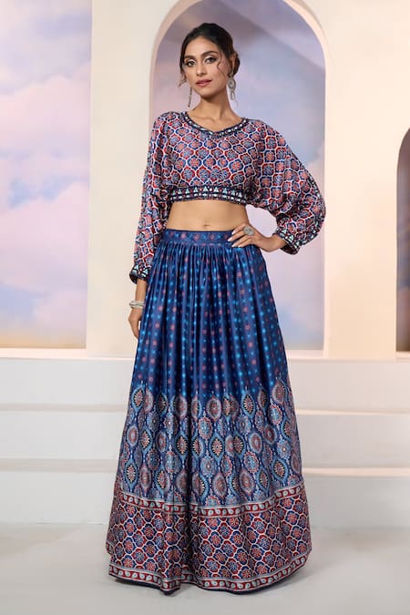 Buy_Naintara Bajaj_Blue Dupatta Georgette, Blouse And Lehenga Dull Satin Floral, Mughal Print Set_Online_at_Aza_Fashions