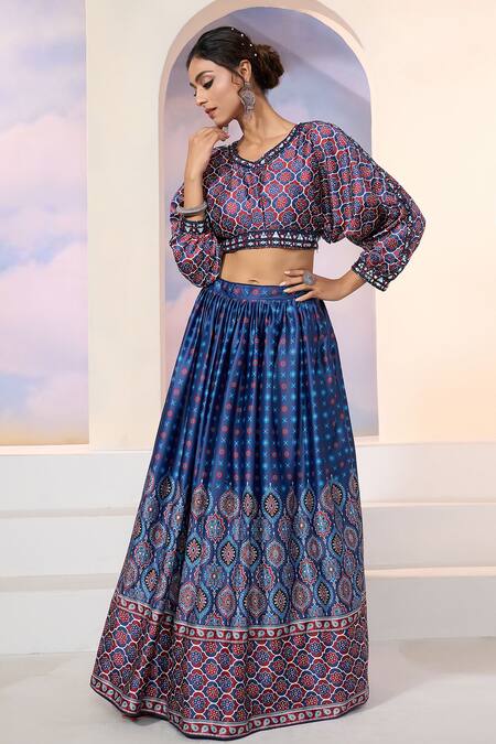 Shop_Naintara Bajaj_Blue Dupatta Georgette, Blouse And Lehenga Dull Satin Floral, Mughal Print Set_Online_at_Aza_Fashions