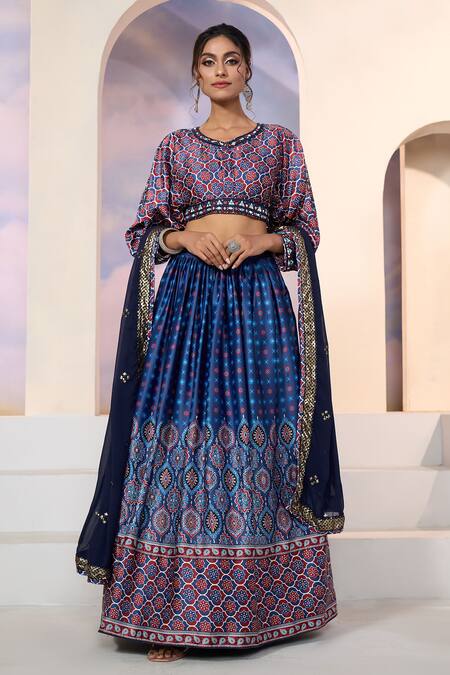 Buy_Naintara Bajaj_Blue Dupatta Georgette, Blouse And Lehenga Dull Satin Floral, Mughal Print Set
