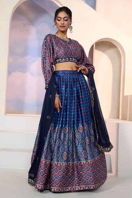 Shop_Naintara Bajaj_Blue Dupatta Georgette, Blouse And Lehenga Dull Satin Floral, Mughal Print Set
