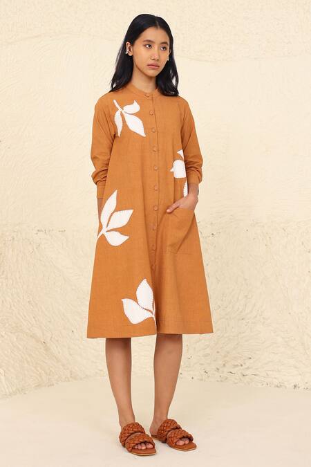 Buy_Kanelle_Beige Cotton, Poplin Embroidery Bandeau Neck Hailey Floral Applique Shirt Dress_Online_at_Aza_Fashions
