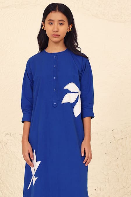 Kanelle_Blue Cotton, Poplin Applique Round Neck Wiona Floral Work Dress_Online_at_Aza_Fashions