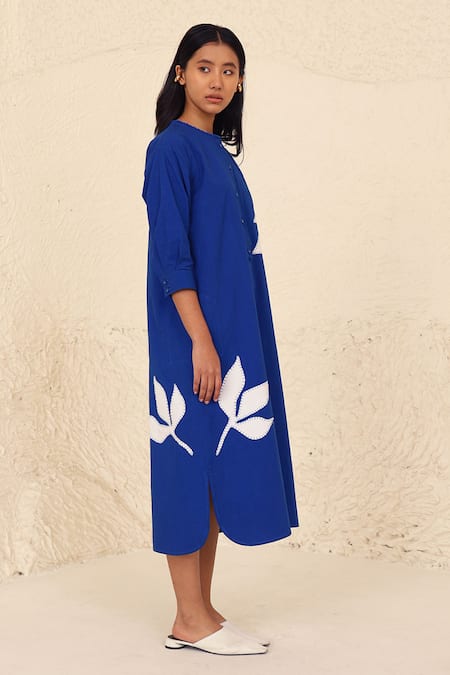 Buy_Kanelle_Blue Cotton, Poplin Applique Round Neck Wiona Floral Work Dress_Online_at_Aza_Fashions