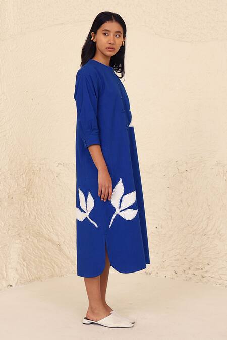 Shop_Kanelle_Blue Cotton, Poplin Applique Round Neck Wiona Floral Work Dress_Online_at_Aza_Fashions