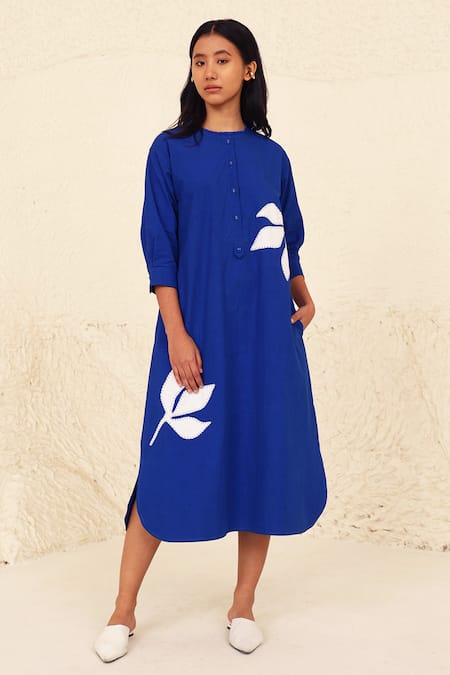 Kanelle_Blue Cotton, Poplin Applique Round Neck Wiona Floral Work Dress_at_Aza_Fashions