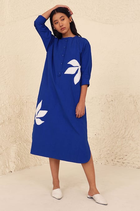 Buy_Kanelle_Blue Cotton, Poplin Applique Round Neck Wiona Floral Work Dress