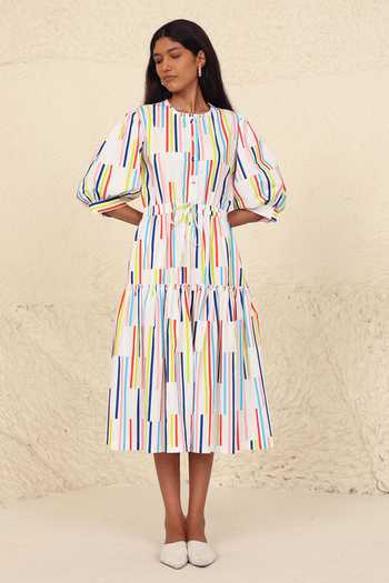 Kanelle_Multi Color Cotton, Poplin Bandeau Neck Luna Stripe Print Dress_Online_at_Aza_Fashions
