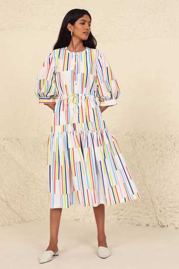 Buy_Kanelle_Multi Color Cotton, Poplin Bandeau Neck Luna Stripe Print Dress_Online_at_Aza_Fashions