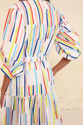 Shop_Kanelle_Multi Color Cotton, Poplin Bandeau Neck Luna Stripe Print Dress_Online_at_Aza_Fashions