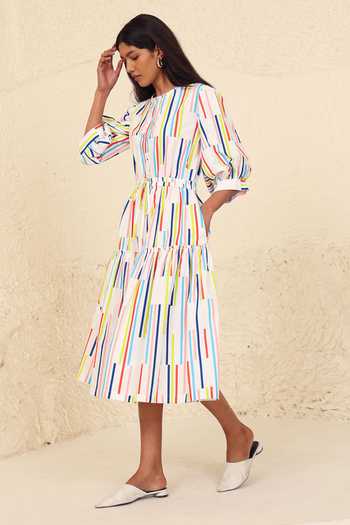 Kanelle_Multi Color Cotton, Poplin Bandeau Neck Luna Stripe Print Dress_at_Aza_Fashions