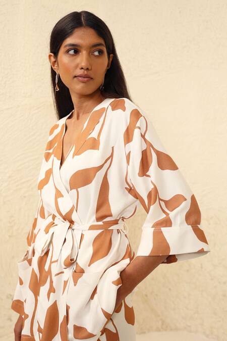 Shop_Kanelle_White Tencel Embroidery V-neck Everly Floral Print Wrap Top And Trouser Set_Online_at_Aza_Fashions