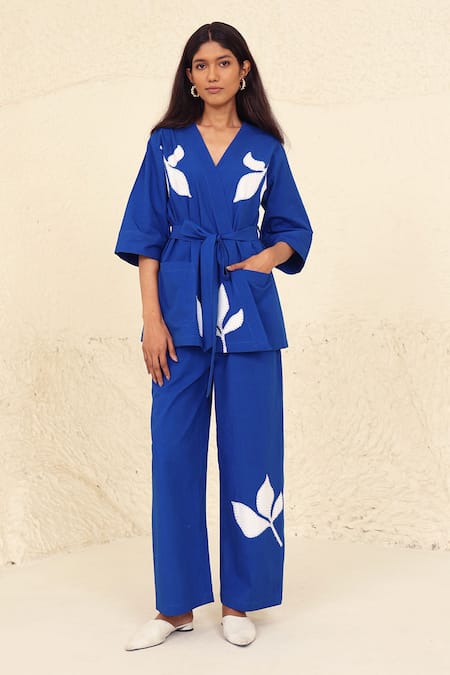 Kanelle Blue Cotton Poplin Embroidery Floral Applique V Everly Wrap Top And Trouser Set