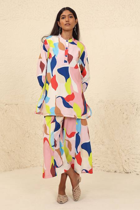 Kanelle_Multi Color Cotton Mandarin Collar Selena Printed Tunic And Trouser Set_Online_at_Aza_Fashions