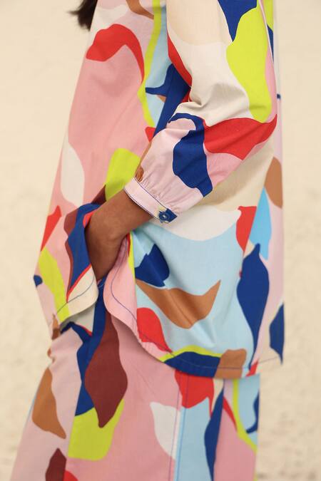 Kanelle_Multi Color Cotton Mandarin Collar Selena Printed Tunic And Trouser Set_at_Aza_Fashions