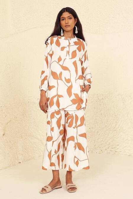 Kanelle White Cotton Poplin Printed Leaf Mandarin Collar Selena Tunic And Trouser Set 