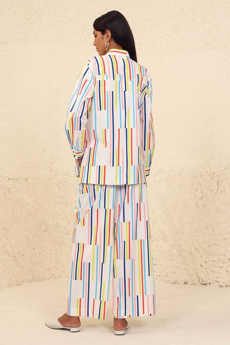 Shop Kanelle Multi Color Cotton Collared Parker Stripe Print Shirt And Trouser Set at Aza Fashions Shop_Kanelle_Multi Color Cotton Collared Parker Stripe Print Shirt And Trouser Set_at_Aza_Fashions