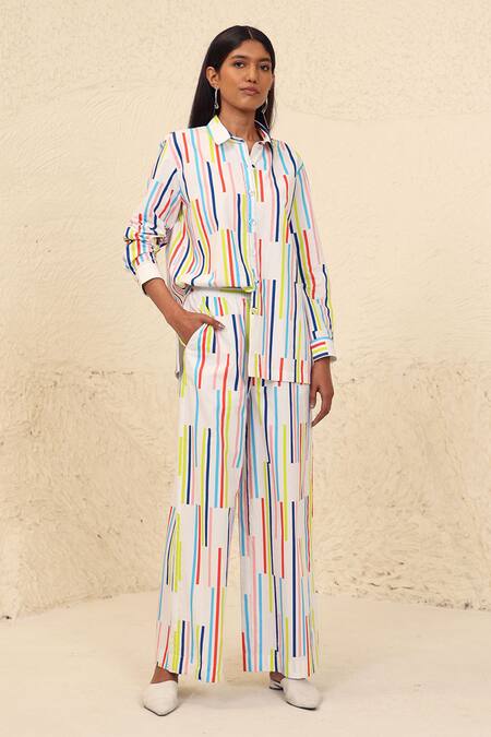 Kanelle Multi Color Cotton Collared Parker Stripe Print Shirt And Trouser Set Online at Aza Fashions Kanelle_Multi Color Cotton Collared Parker Stripe Print Shirt And Trouser Set_Online_at_Aza_Fashions