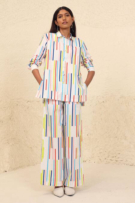 Buy Kanelle Multi Color Cotton Collared Parker Stripe Print Shirt And Trouser Set Online at Aza Fashions Buy_Kanelle_Multi Color Cotton Collared Parker Stripe Print Shirt And Trouser Set_Online_at_Aza_Fashions