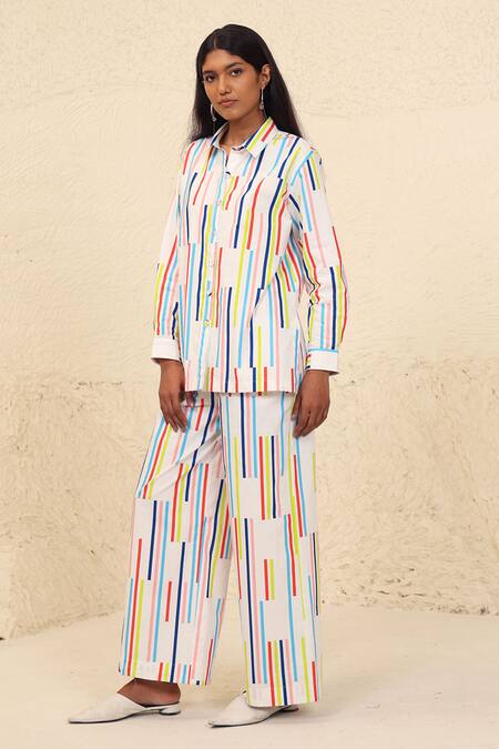 Shop Kanelle Multi Color Cotton Collared Parker Stripe Print Shirt And Trouser Set Online at Aza Fashions Shop_Kanelle_Multi Color Cotton Collared Parker Stripe Print Shirt And Trouser Set_Online_at_Aza_Fashions