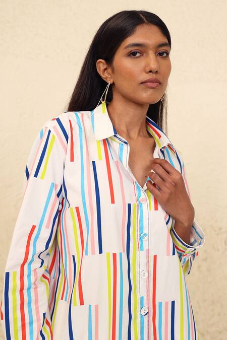 Kanelle Multi Color Cotton Collared Parker Stripe Print Shirt And Trouser Set at Aza Fashions Kanelle_Multi Color Cotton Collared Parker Stripe Print Shirt And Trouser Set_at_Aza_Fashions