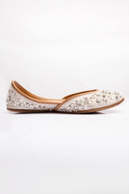 Shop_The Golden Wasp_Ivory Pearls Crystal Morning Embellished Juttis _Online_at_Aza_Fashions