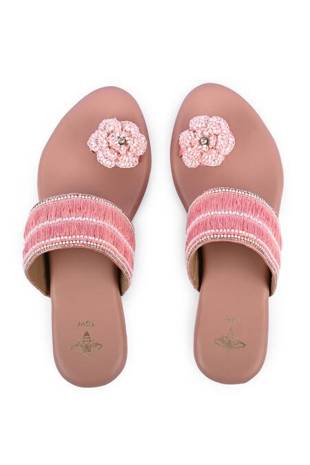 Shop_The Golden Wasp_Pink Raffia Lace Shagufta Embellished Kolhapuri _Online_at_Aza_Fashions