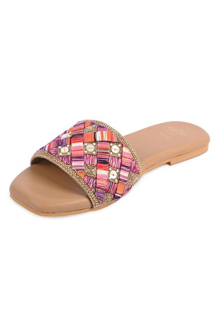 Buy_The Golden Wasp_Beige Cosmopoliton Embellished Slides _Online_at_Aza_Fashions