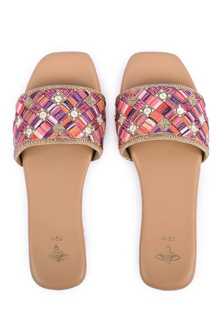 Shop_The Golden Wasp_Beige Cosmopoliton Embellished Slides _Online_at_Aza_Fashions