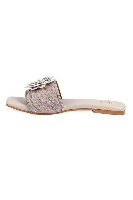 The Golden Wasp_Cream Rabia Embellished Slides _Online_at_Aza_Fashions