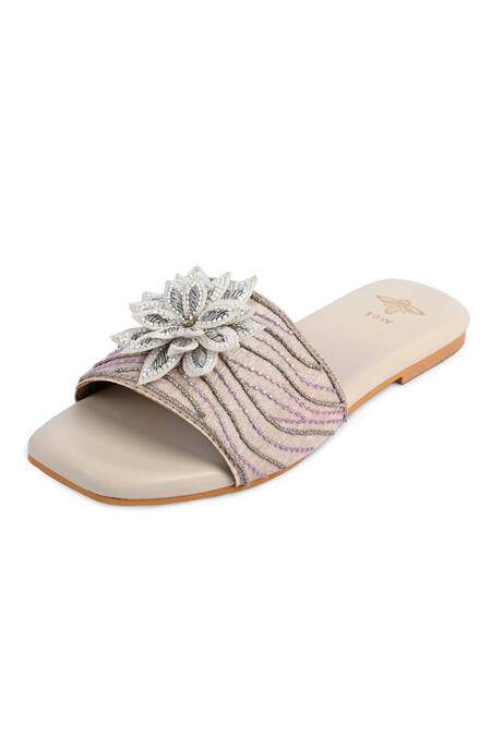 Buy_The Golden Wasp_Cream Rabia Embellished Slides _Online_at_Aza_Fashions