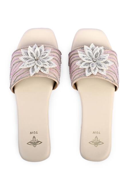 Shop_The Golden Wasp_Cream Rabia Embellished Slides _Online_at_Aza_Fashions