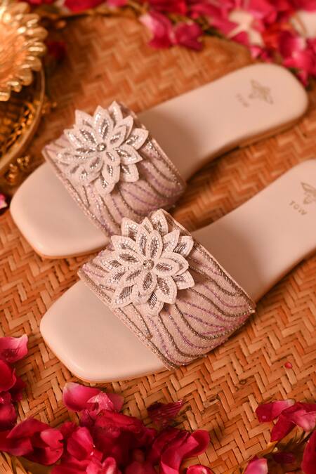 The Golden Wasp_Cream Rabia Embellished Slides _at_Aza_Fashions
