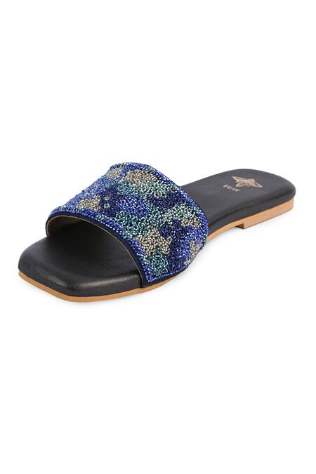 Buy_The Golden Wasp_Blue Cosmos Embellished Slides _Online_at_Aza_Fashions