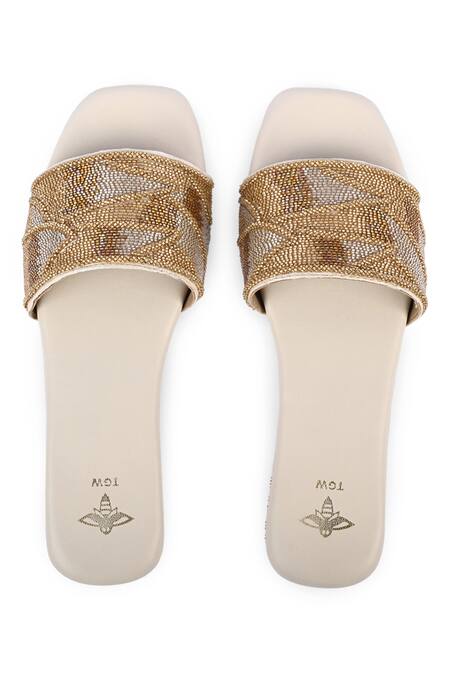 The Golden Wasp_Ivory Sunehri Embellished Slides _Online_at_Aza_Fashions