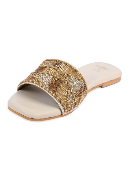 Buy_The Golden Wasp_Ivory Sunehri Embellished Slides _Online_at_Aza_Fashions