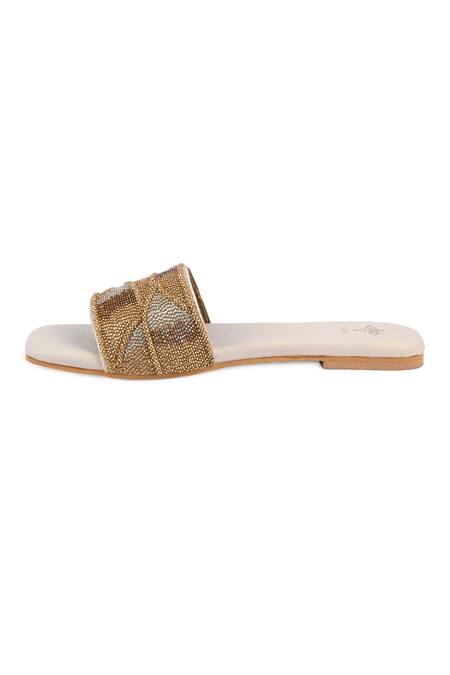 Shop_The Golden Wasp_Ivory Sunehri Embellished Slides _Online_at_Aza_Fashions