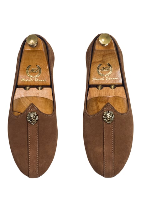 Shop Domani Brown Pasha Carved Lion Embellished Juttis at Aza Fashions Shop_Domani_Brown Pasha Carved Lion Embellished Juttis _at_Aza_Fashions