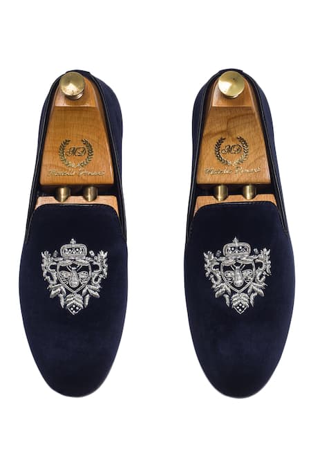 Shop_Domani_Blue Navy Zardozi Embroidered Slip-ons _at_Aza_Fashions