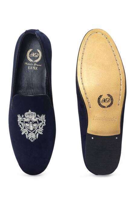 Buy_Domani_Blue Navy Zardozi Embroidered Slip-ons _Online_at_Aza_Fashions
