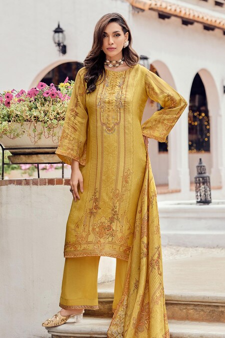 Label Varsha Yellow Viscose Organza Tissue Print Persian Round And Embroidered Kurta Set