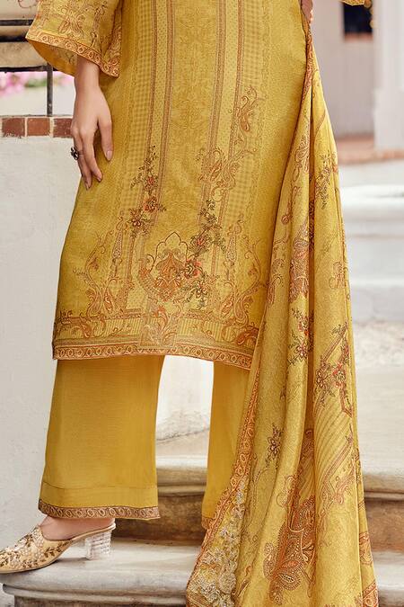 Label Varsha Yellow Viscose, Organza Sequins Round Neck Persian Print And Embroidered Kurta Set Online at Aza Fashions Label Varsha_Yellow Viscose, Organza Sequins Round Neck Persian Print And Embroidered Kurta Set_Online_at_Aza_Fashions