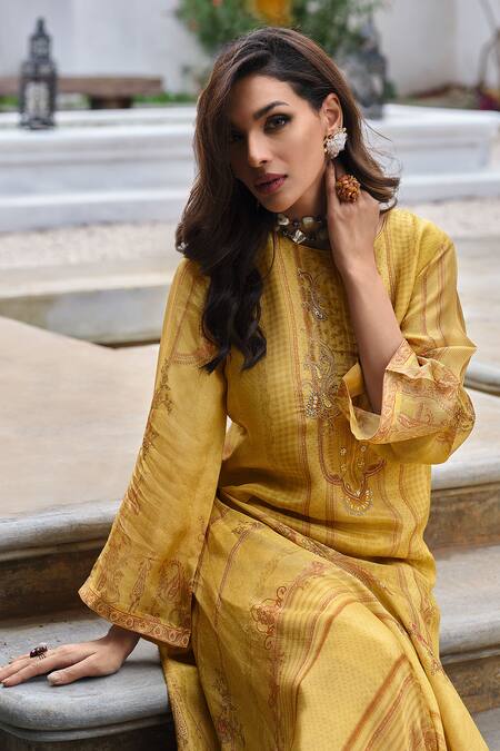 Shop Label Varsha Yellow Viscose, Organza Sequins Round Neck Persian Print And Embroidered Kurta Set Online at Aza Fashions Shop_Label Varsha_Yellow Viscose, Organza Sequins Round Neck Persian Print And Embroidered Kurta Set_Online_at_Aza_Fashions