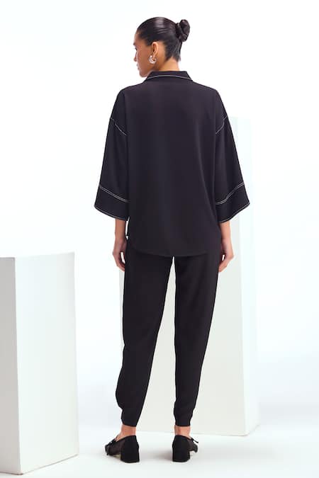 Shop Namrata Joshipura Black Crepe Beads Collared Opal Embellished Boxy Top And Pant Set at Aza Fashions Shop_Namrata Joshipura_Black Crepe Beads Collared Opal Embellished Boxy Top And Pant Set _at_Aza_Fashions