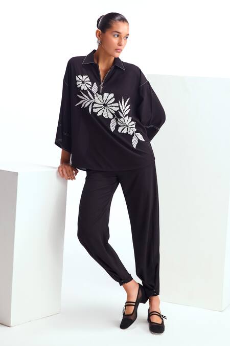 Namrata Joshipura Black Crepe Beads Collared Opal Embellished Boxy Top And Pant Set Online at Aza Fashions Namrata Joshipura_Black Crepe Beads Collared Opal Embellished Boxy Top And Pant Set _Online_at_Aza_Fashions