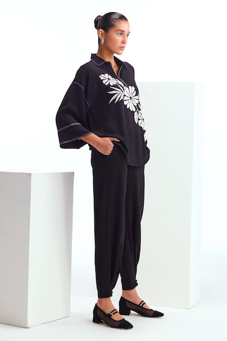 Buy Namrata Joshipura Black Crepe Beads Collared Opal Embellished Boxy Top And Pant Set Online at Aza Fashions Buy_Namrata Joshipura_Black Crepe Beads Collared Opal Embellished Boxy Top And Pant Set _Online_at_Aza_Fashions