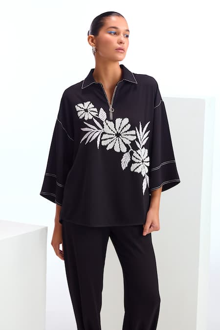 Shop Namrata Joshipura Black Crepe Beads Collared Opal Embellished Boxy Top And Pant Set Online at Aza Fashions Shop_Namrata Joshipura_Black Crepe Beads Collared Opal Embellished Boxy Top And Pant Set _Online_at_Aza_Fashions