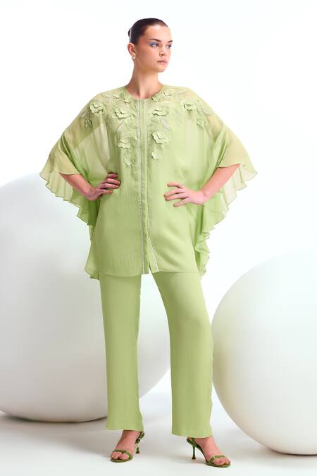 Namrata Joshipura_Green Textured Georgette Embroidery Floral Applique Dahlia Top And Pant Set_Online_at_Aza_Fashions