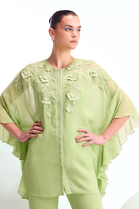 Buy_Namrata Joshipura_Green Textured Georgette Embroidery Floral Applique Dahlia Top And Pant Set_Online_at_Aza_Fashions