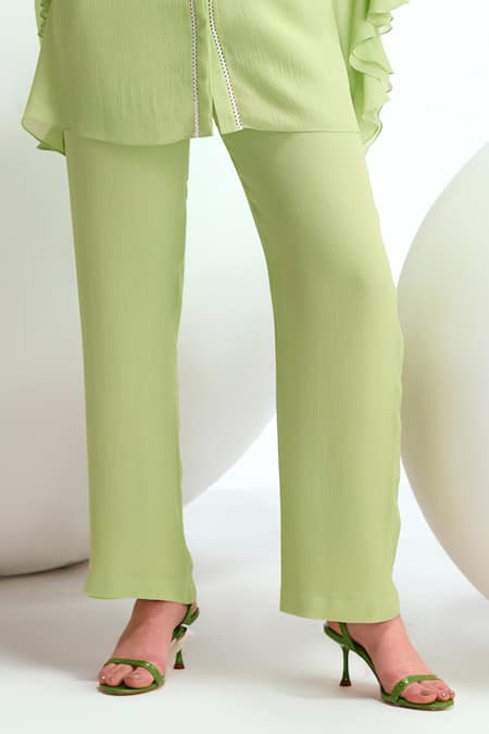 Shop_Namrata Joshipura_Green Textured Georgette Embroidery Floral Applique Dahlia Top And Pant Set_Online_at_Aza_Fashions